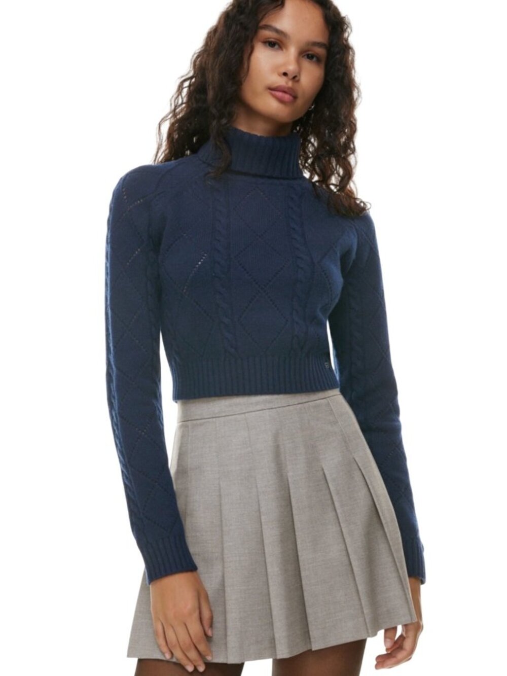 Sunday Best Aritzia Jones Admiral Blue Cable Knit Turtleneck Cropped Sweater NWT